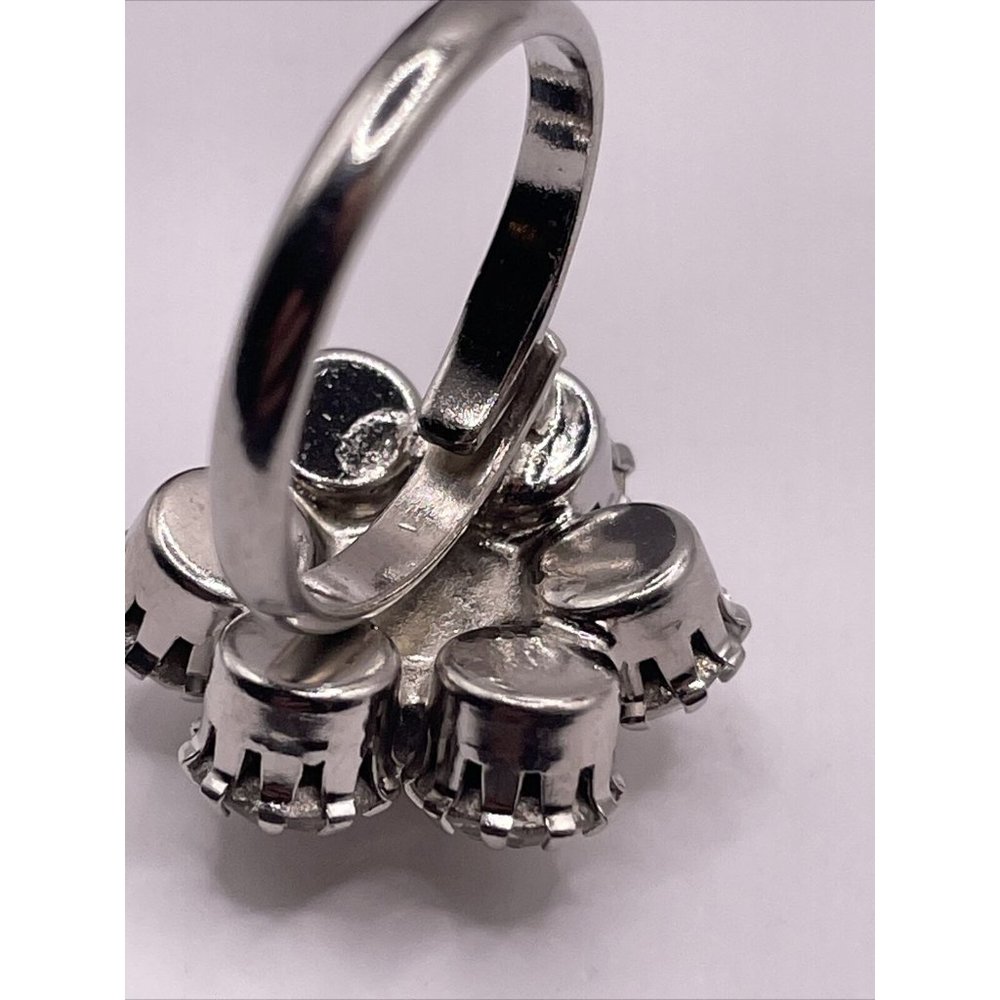 Vintage Clear Rhinestone Prong Set Adjustable Flower‎ Ring Silver Tone 3D Floral - Picture 11 of 15